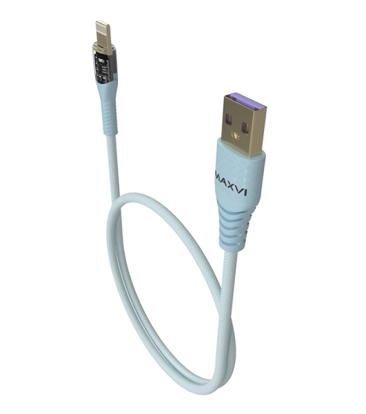 Дата-кабель Maxvi MC-31L USB-Lightning 2.4А, прозрачный корпус, LED подсветка, 1.2м, sky blue