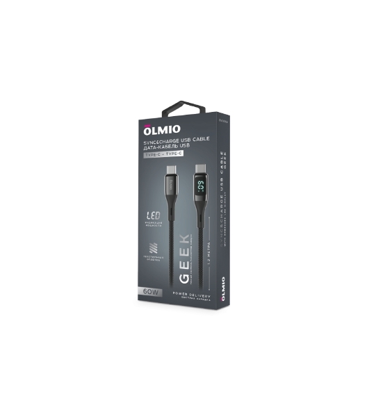 Кабель OLMIO GEEK, Type-C - Type-C, 60W, 1.2м, тканевая оплетка, LCD, черный