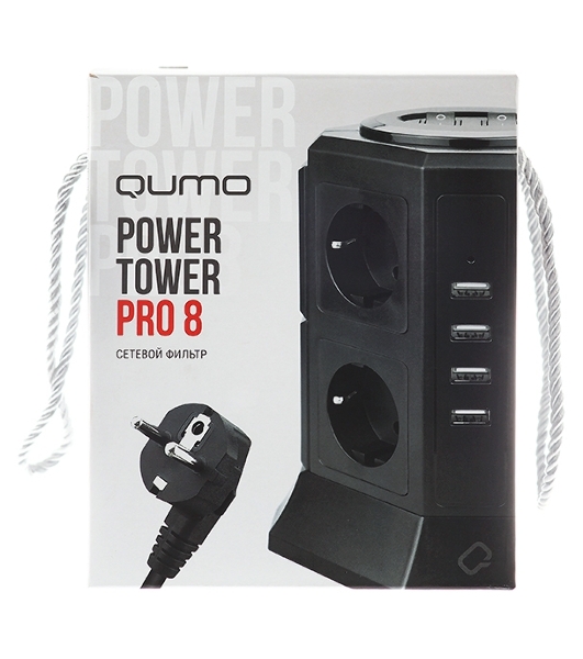 Сетевой фильтр Qumo Power Tower Pro 8SP4U (P-0002), 8 розеток, 2200 Вт, 10A, кабель 2 м 3*1 мм чистая медь, пожаробезопасный пластик, евровилка, 4 USB порта 4.5A суммарно