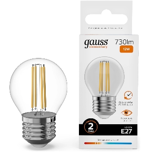 Лампа филам. Gauss Filament 12Вт цок.:E27 шар св.свеч.бел.теп. (упак.:10шт) (52212)