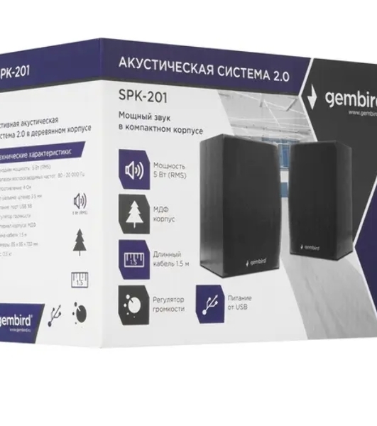 Акустическая система Gembird SPK-201, черный МДФ,2х2,5 Вт, регулятор громкости, USB