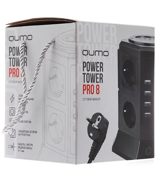 Сетевой фильтр Qumo Power Tower Pro 8SP4U (P-0002), 8 розеток, 2200 Вт, 10A, кабель 2 м 3*1 мм чистая медь, пожаробезопасный пластик, евровилка, 4 USB порта 4.5A суммарно