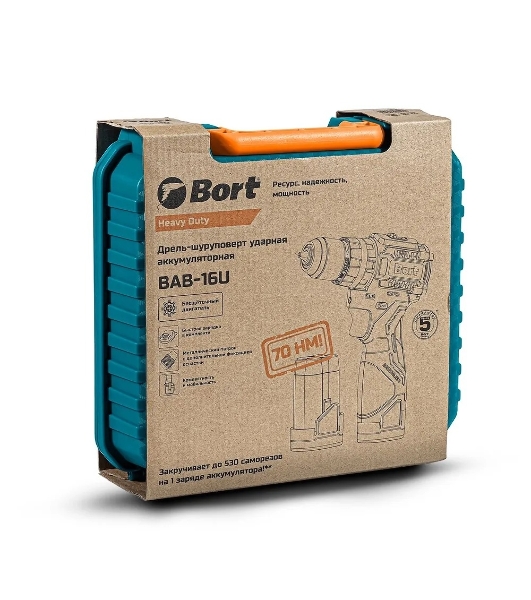 Дрель-шуруповерт Bort BAB-16U, 16,8 В, 2 Ач, 70 Нм, бесщеточный, ударная