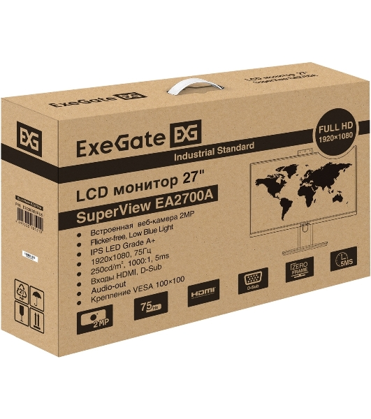 Монитор 27' ExeGate SuperView EA2700A IPS 1920x1080, 75 Гц, 5 мс, 16:9, 250 кд/м², HDMI 1.4, VGA, веб-камера (2 Мп), 3.5 мм, черный