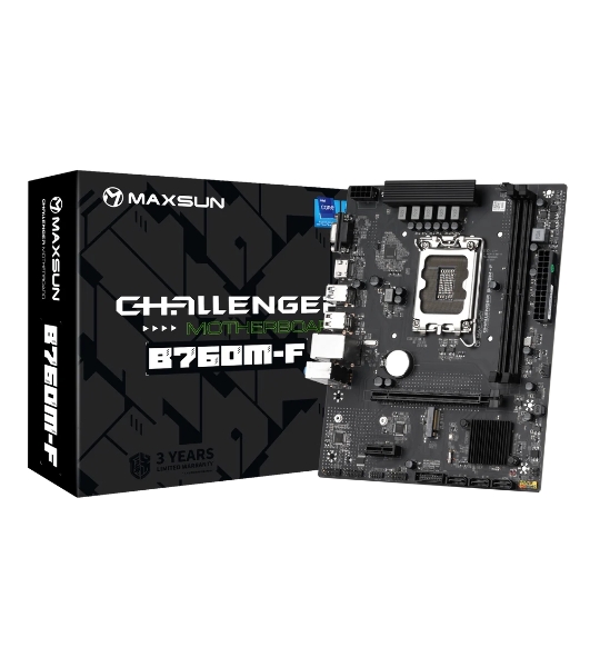 Материнская плата Maxsun Challenger B760M-F, LGA 1700, Intel B760, 2xDDR4, 3xSATA III, 2xM.2, 1xPCIe 4.0 x16, 1xHDMI, 1xVGA, 1xRJ-45 1Gb LAN, 2xUSB 3.2 Gen 1, 4xUSB 2.0, 3x3.5 мм, 5.1, mATX