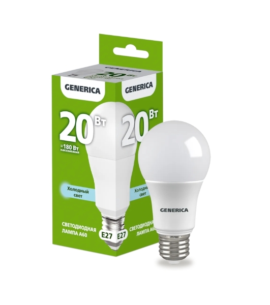 Лампа светодиодная GENERICA LL-A60-20-230-65-E27-G A60 20 Вт грушевидная 6500К E27 230В
