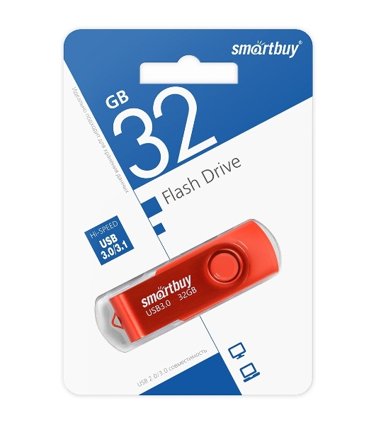 Флешка USB Smartbuy Twist Red (SB032GB3TWR), 32Gb, USB 3.0/3.1, R/W 70/40, красный