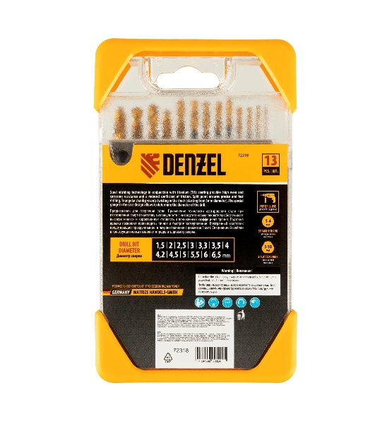 Набор сверл по металлу Denzel 1,5-6,5 мм, HSS-Tin, Golden Tip, 13 шт