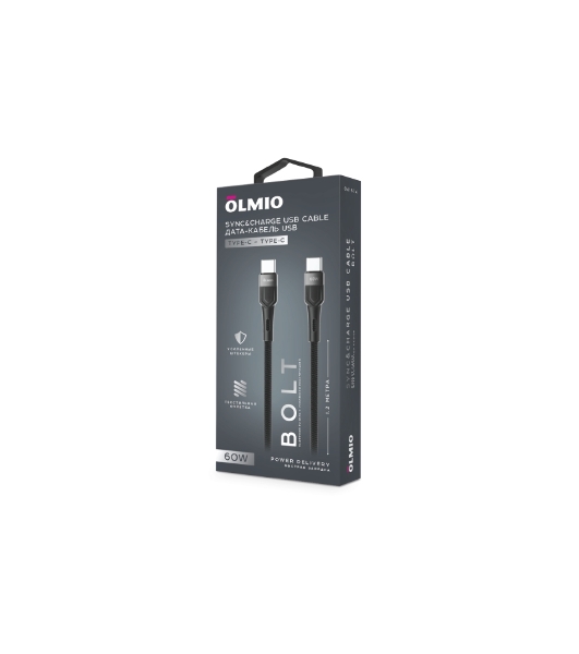 Кабель OLMIO BOLT, Type-C - Type-C, 60W, 1.2м, тканевая оплетка, черный