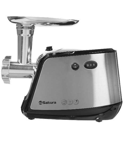 Мясорубка электрическая Sakura SA-6407 серый, 1800 Вт, 2.0 кг/мин, реверс, защита от перегрузки, металлический лоток, насадки - 5