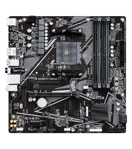 Материнская плата Gigabyte B550M-K WIFI6E, AM4, AMD B550, 4xDDR4, 4xSATA, 2xM.2, 1xPCIe 4.0 x16, 1xPCIe 3.0 x1, 1xHDMI, 1xDP, 1x1Gb LAN, Wi-Fi 6E, Bluetooth 5.3, 4xUSB-A 5Gbps, 4xUSB-A 2.0, 1xPS/2, 3x3.5 мм, 7.1, mATX