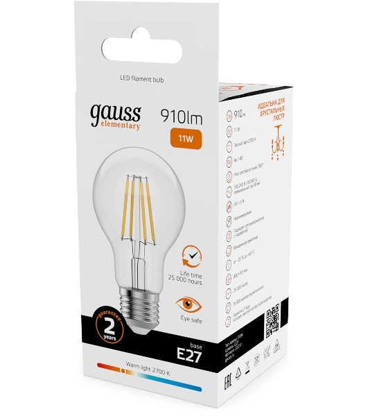 Лампа светодиодная филаментная Gauss Filament 11Вт цок.: E27 груша св. свеч. бел. теп. (упак.: 10 шт)