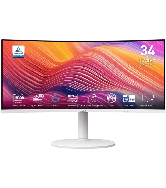 Монитор 34' MSI Modern MD342CQPW VA 3440x1440, 120 Гц, 4 мс, 21:9, 300 кд/м², 2xHDMI, 1xDP, 1xUSB-C, 2x3 Вт, белый, изогнутый