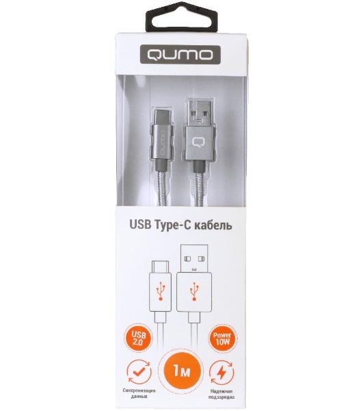 Кабель Qumo Type-С кабель, 1м, USB 2.0, 5В, 2А, 10Вт, тканевая оплетка, стальной коннектор, серый космос