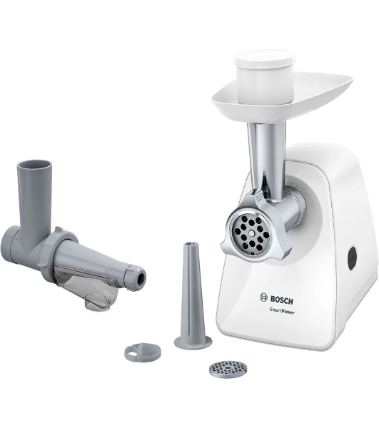 Мясорубка электрическая Bosch MFW2515W белый, 1500 Вт, 1.7 кг/мин, защита от перегрузки, насадки - 4