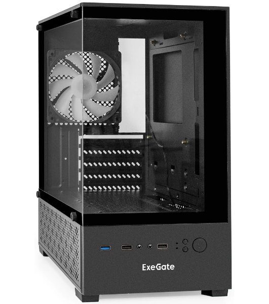 Компьютерный корпус Minitower ExeGate i3 SEA (mATX, без БП, 1*USB+1*USB 3.0, HD аудио, черный, 1 вент. 12см с RGb подсветкой, передняя и боковая панели - закаленное стекло)