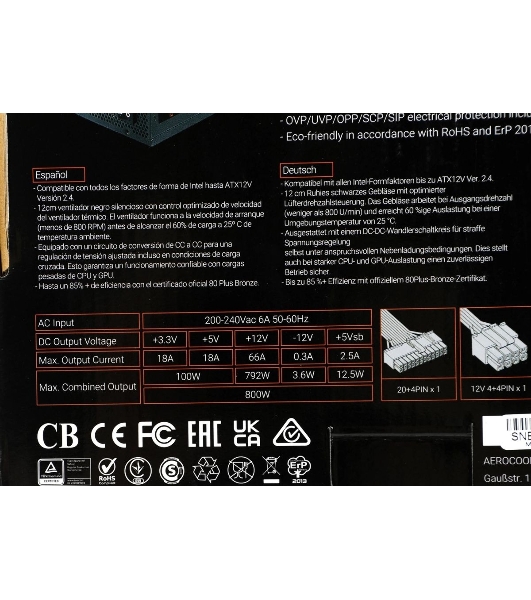 Блок питания Aerocool/Formula KCAS-800W, 800Вт, PLUS 80 PLUS Bronze, 120мм, черный