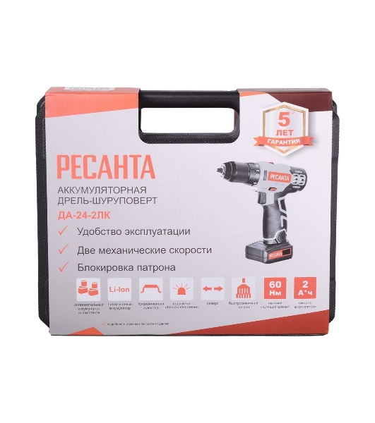 Дрель-шуруповерт Ресанта ДА-24-2ЛК, 24 В, 2 Ач, 60 Нм, щеточный