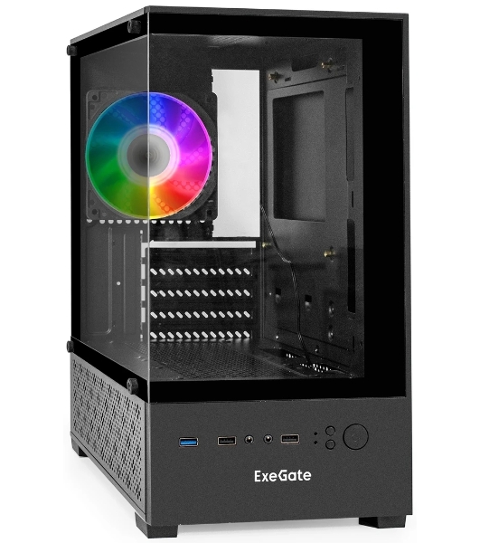 Компьютерный корпус Minitower ExeGate i3 SEA (mATX, без БП, 1*USB+1*USB 3.0, HD аудио, черный, 1 вент. 12см с RGb подсветкой, передняя и боковая панели - закаленное стекло)