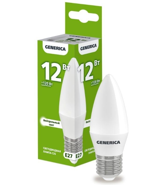 Лампа светодиодная GENERICA LL-C35-12-230-40-E27-G C35 12Вт свеча 4000К E27 230В