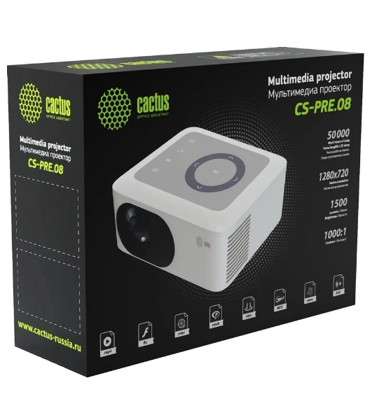Проектор Cactus CS-PRE.08B.WXGA LCD 1500Lm LS 150Lm ANSI (1280x720) 1000:1 ресурс лампы:30000часов 1xUSB typeA 1xHDMI 0.5кг
