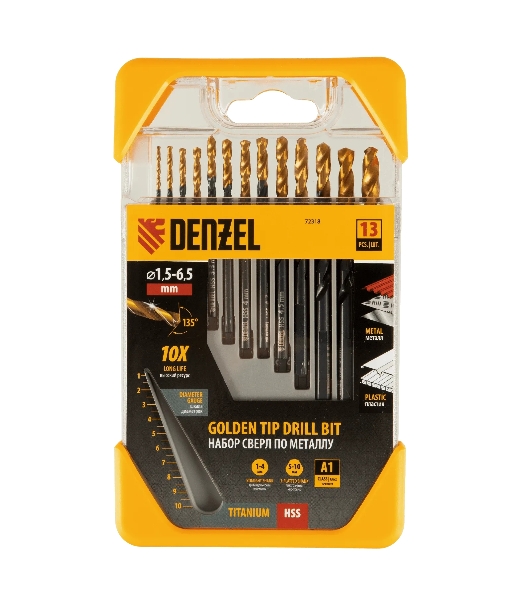 Набор сверл по металлу Denzel 1,5-6,5 мм, HSS-Tin, Golden Tip, 13 шт