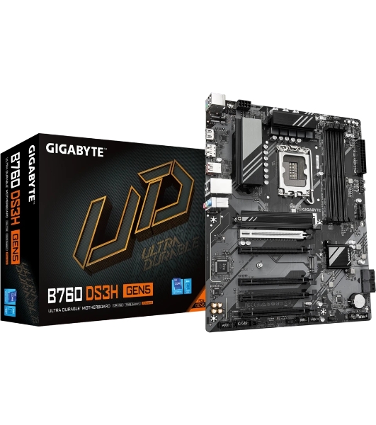 Материнская плата Gigabyte B760 DS3H GEN5, LGA 1700, Intel B760, 4xDDR5, 4xSATA, 2xM.2, 1xPCIe 5.0 x16, 4xPCIe 3.0 x16, 1xHDMI, 1xDP, 1x1Gb LAN, 1xUSB-C 20Gbps, 1xUSB-A 10Gbps, 4xUSB-A 2.0, 1xPS/2, 3x3.5 мм, 7.1, ATX