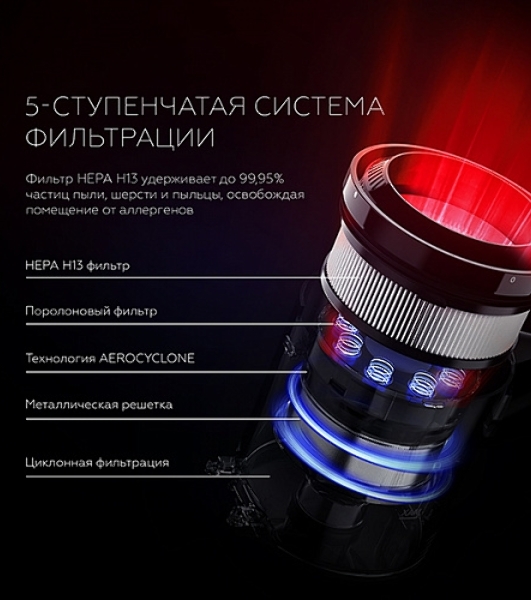 Пылесос вертикальный BQ VCA1000W серый/красный, питание от аккумулятора, 160 Вт, уборка сухая/влажная, пылесборник 0.5 л, работа от АКБ max 50 мин