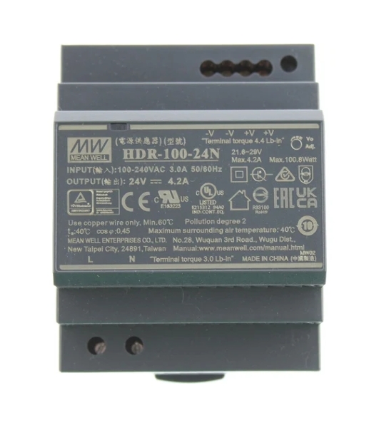 Блок питания AC-DC, 100.8Вт, вход 85...264 В AC 47...63Гц, 120...370В DC, выход 24В, 4.2А, рег. выхода 21.6...29В, изоляция 3000В AC, в кожухе на DIN-рейку, 70х90х54.5мм, -30...+70°С