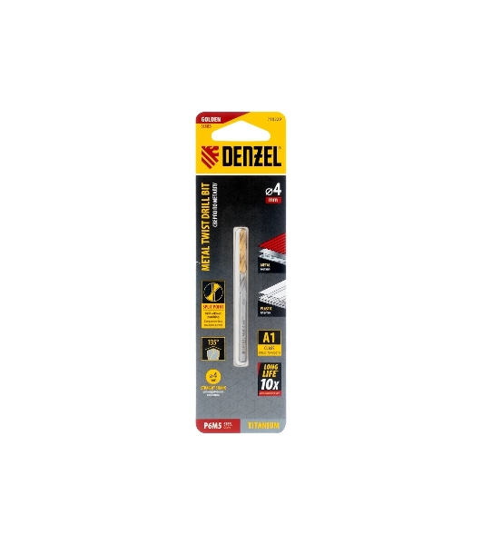 Сверло спиральное по металлу Denzel 4 x 75мм, Р6М5, Golden Tip