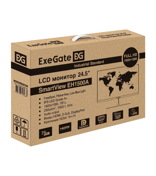 Монитор 24.5' ExeGate SmartView EH1500A IPS 1920x1080, 75 Гц, 5 мс, 16:9, 250 кд/м², 1xVGA, 1xHDMI, 1xDP, 3.5 мм, черный
