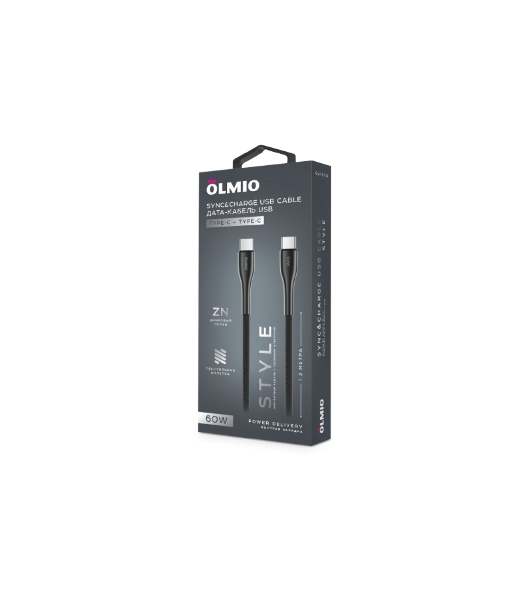 Кабель OLMIO STYLE, Type-C - Type-C, 60W, 1.2м, тканевая оплетка, черный