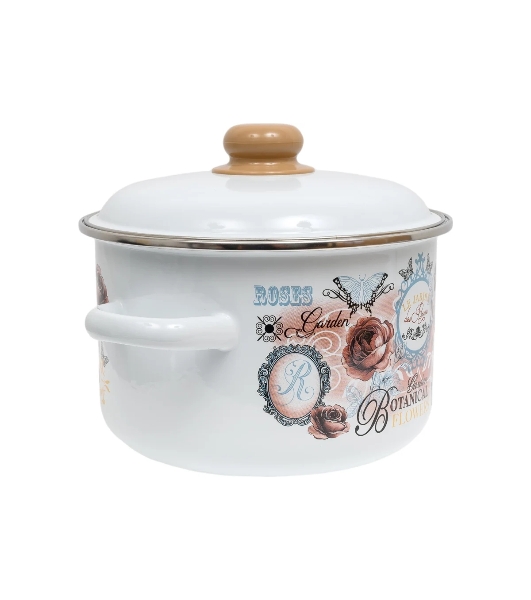 Кастрюля Appetite 1RD201М Roses с крышкой, эмалированная сталь, цилиндрическая 4 л