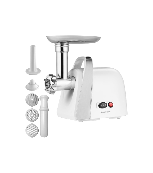 Мясорубка электрическая Galaxy Line GL 2421 белый, 1600 Вт, 1.5 кг/мин, реверс, защита от перегрузки, металлический лоток, насадки - 5