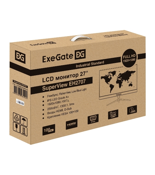 Монитор 27' ExeGate SuperView EH2707 IPS 1920x1080, 100 Гц, 5 мс, 16:9, 250 кд/м², HDMI 1.4, VGA, FreeSync, черный