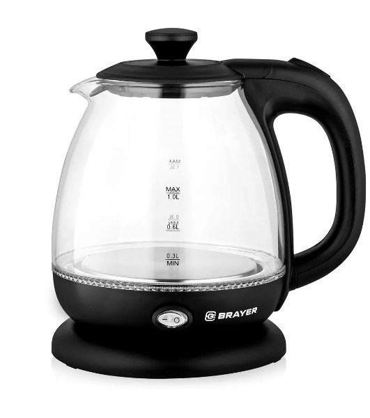 Чайник электрический BRAYER BR6106, 1100 Вт, 1 л, стеклянный, автоотключение, подсветка, черный