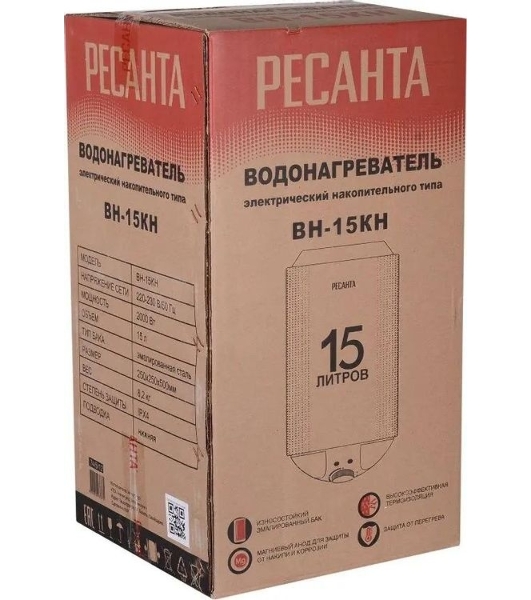 Водонагреватель электрический Ресанта ВН-15КН белый, накопительный, 15 л, 1,5 кВт