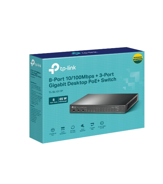 Настольный коммутатор TP-Link TL-SL1311P, 8 портов 10/100 Мбит/с с поддержкой PoE+, 2 гигабитных порта без поддержки PoE, 1 порт SFP, 802.3af/at, бюджет PoE — 65 Вт, стальной корпус