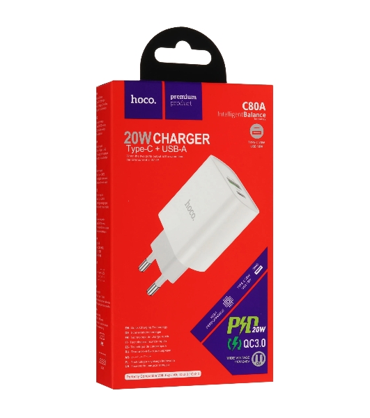 Блок питания (сетевой адаптер) HOCO C80A Rapido PD+QC3.0, 20W два порта (1хUSB-A, 1хType-C), белый
