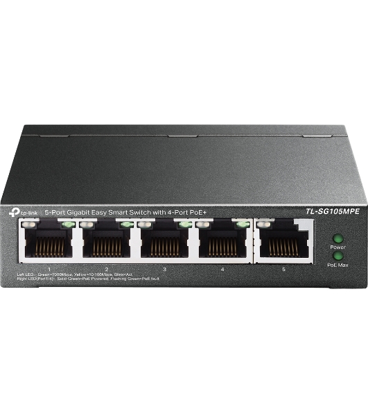 Коммутатор TP-Link TL-SG105MPE Easy Smart с 5 гигабитными портами (4 порта PoE+), 802.3af/at, бюджет PoE — 120 Вт, стальной корпус