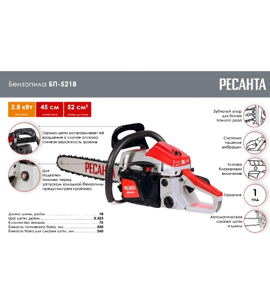 Бензопила Ресанта БП-5218 2800Вт дл.шины:18' (45см)