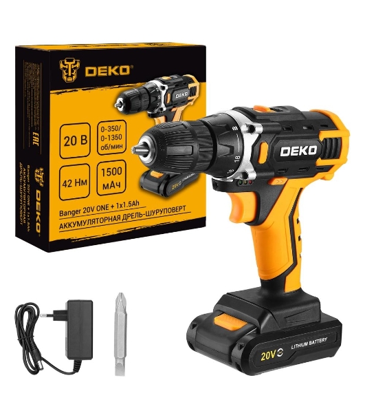 Дрель-шуруповерт Deko Banger 20V ONE+, 20 В, 1,5 Ач, 42 Нм, щеточный