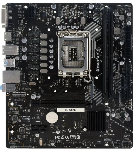 Материнская плата Biostar H610MHD D5, LGA1700, Intel H610, 2xDDR5, 4xSATA, 1xM.2, 1xPCIe 4.0 x16, 1xPCIe 3.0 x1, 1xDP, 1xHDMI, 1x1Gb LAN, 2xUSB-A 5Gbps, 4xUSB-A 2.0, 2x3.5 мм, 7.1, mATX