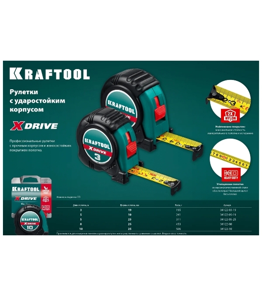 Рулетка KRAFTOOL X-Drive 3м/19мм с ударостойким обрезиненным корпусом