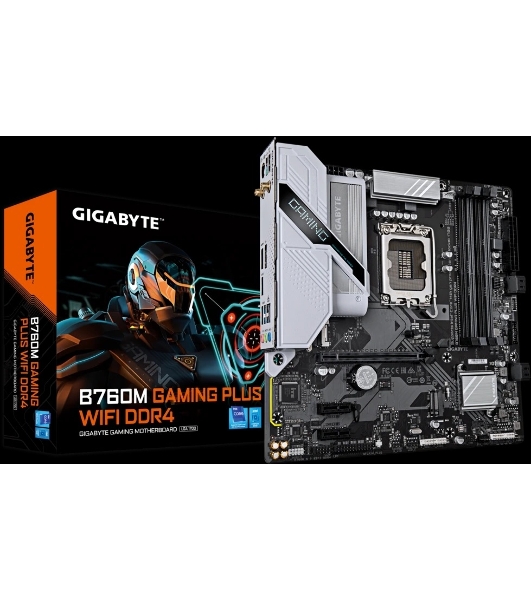 Материнская плата Gigabyte B760M GAMING PLUS WIFI DDR4, LGA1700, Intel B760, 4xDDR4, 4xSATA, 2xM.2, 1xPCIe 4.0 x16, 2xPCIe 3.0 x1, 1xDP, 1xHDMI, 1x1Gb LAN, Wi-Fi 6, Bluetooth 5.3, 3xUSB-A 5Gbps, 6xUSB-A 2.0, 1xUSB-C 5Gbps, 3x3.5 мм, 7.1, mATX
