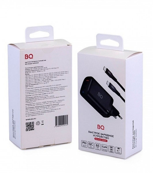 Сетевое зарядное устройство BQ Charger 65W3A01 (3 ports 2*Type-C + USB, 65W with 2m Type-C cable) черный
