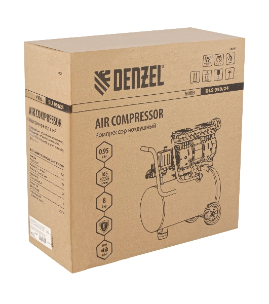 Компрессор Denzel DLS950/24 безмаслянный малошумный 950 Вт, 165 л/мин,ресивер 24 л