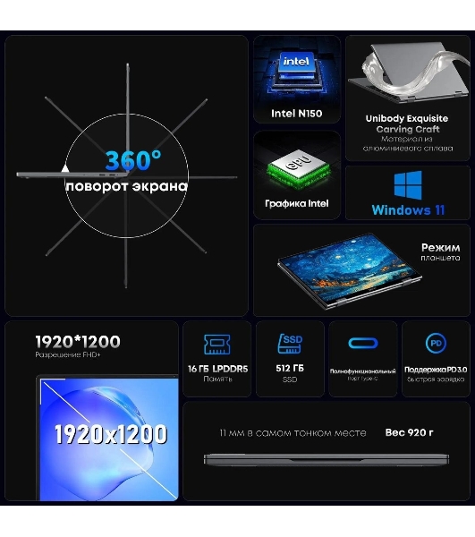 Ноутбук CHUWI MiniBook X touch 10.5'(1920x1200 IPS)/Touch/Intel N-series N150(0.8Ghz)/16384Mb/512SSDGb/noDVD/Int:Intel UHD Graphics/Cam/BT/WiFi/war 1y/0.98kg/Win11Home + мышь