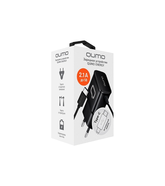 Сетевое зарядное устройство Qumo Energy (Charger 0025) 2.1A, встроенный кабель TYPE-C, черный