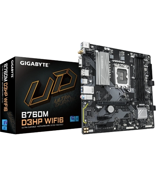 Материнская плата Gigabyte B760M D3HP WIFI6, LGA 1700, Intel B760, 4xDDR5, 4xSATA, 2xM.2, 1xPCIe 4.0 x16, 1xPCIe 4.0 x4, 1xHDMI, 1xDP, 1x2.5Gb LAN, Wi-Fi 6, Bluetooth 5.3, 1xUSB-C 10Gbps, 1xUSB-A 10Gbps, 4xUSB-A 5Gbps, 2xUSB-A 2.0, 1xPS/2, 3x3.5 мм, 7.1, mATX